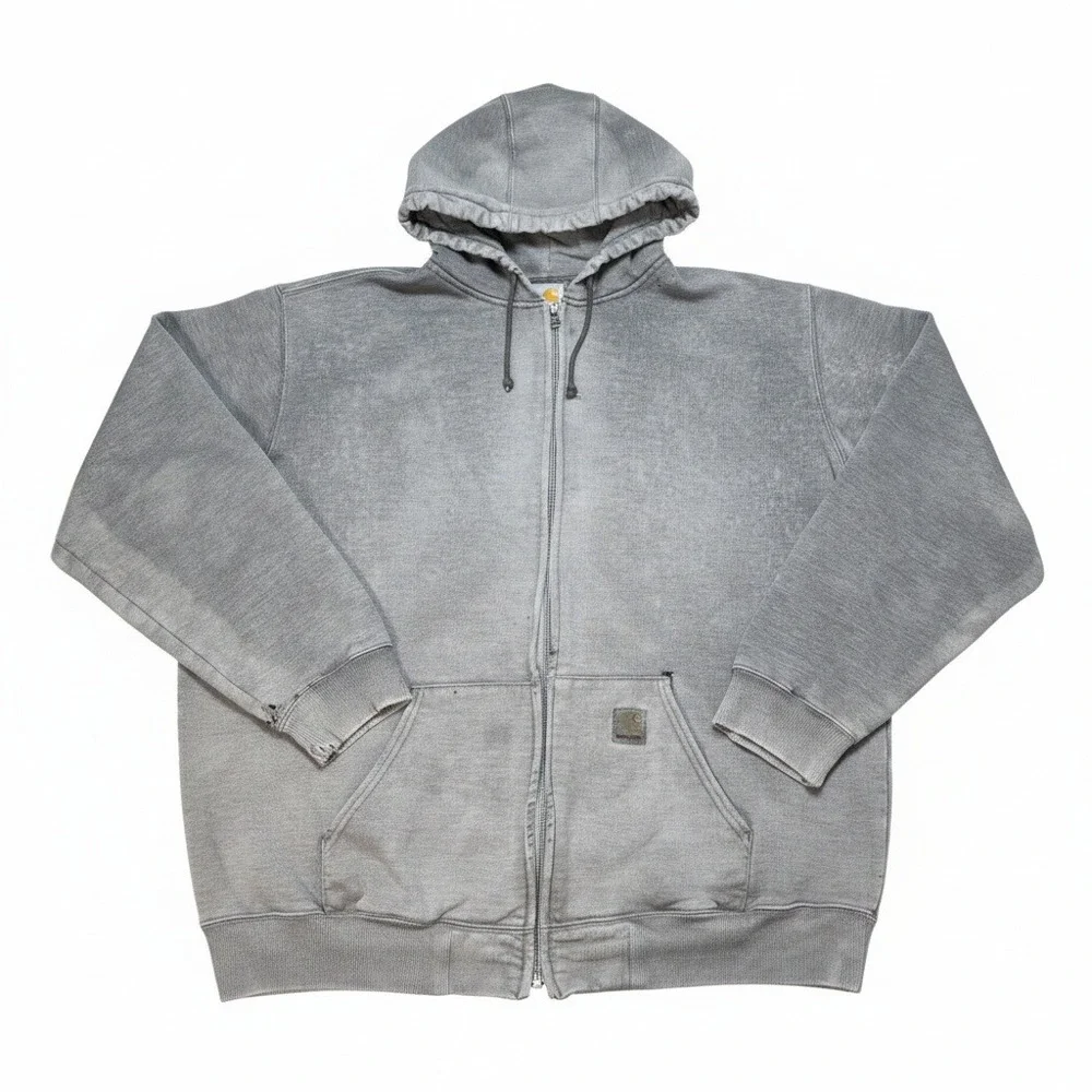 Vintage Carhartt Zip Up Hoodie Grey XL Tall‎ Distressed Sun Faded Workwear Mens